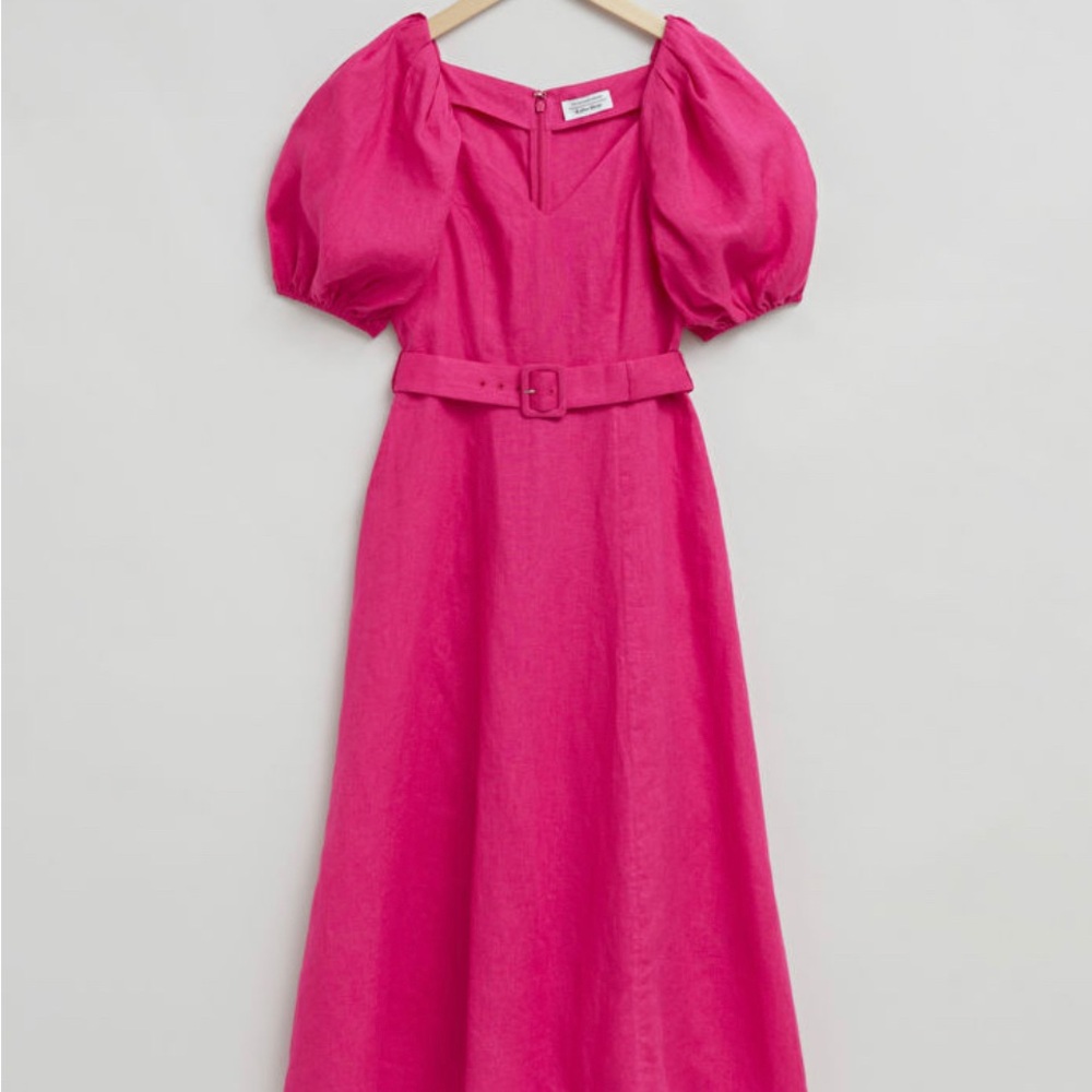 & Other Stories Pink Linen Puff Sleeve Midi Dress, size 4, with tags